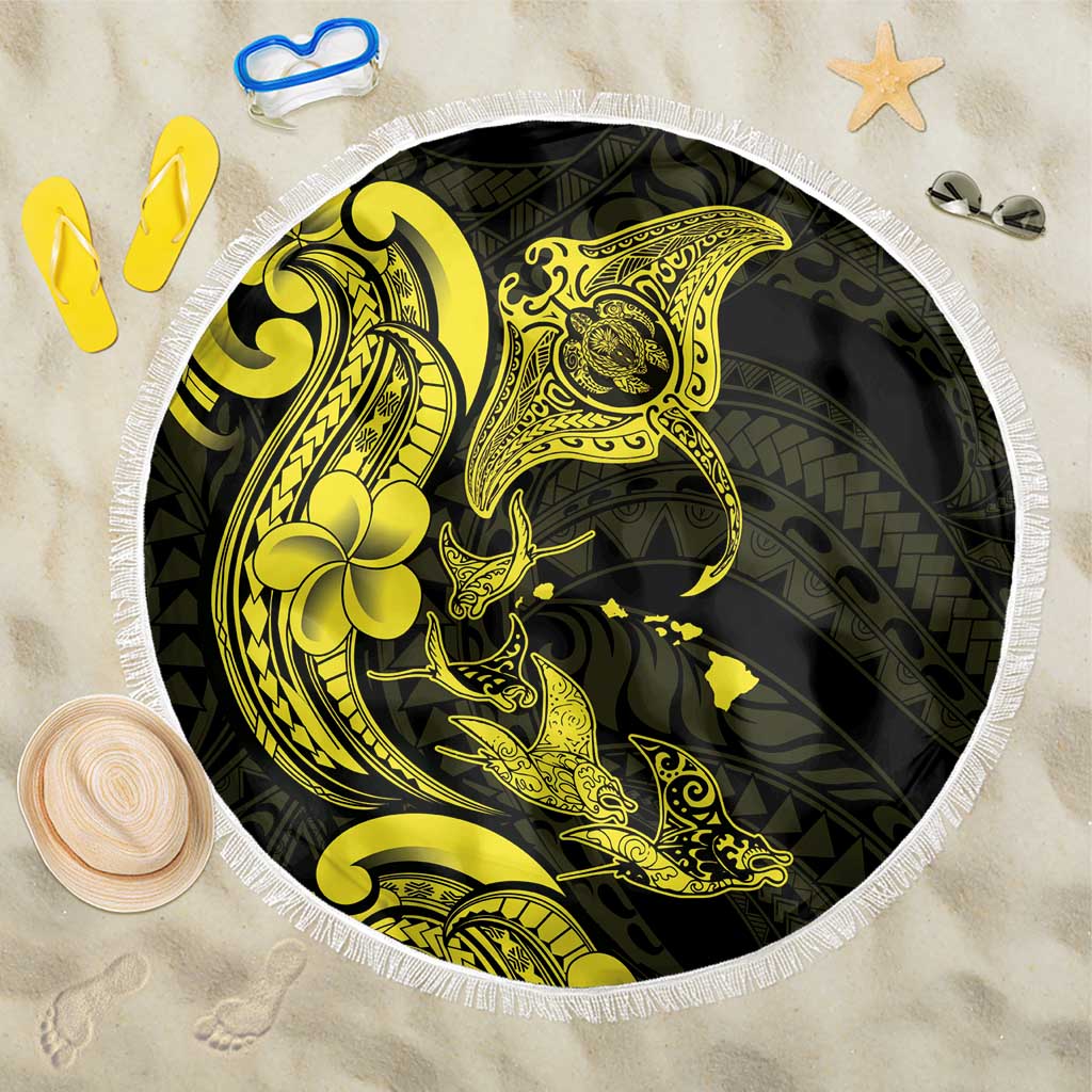 Hawaiian Manta Rays Beach Blanket Tribal Hibiscus Polynesian Tattoos Yellow Color - Polynesian Pride