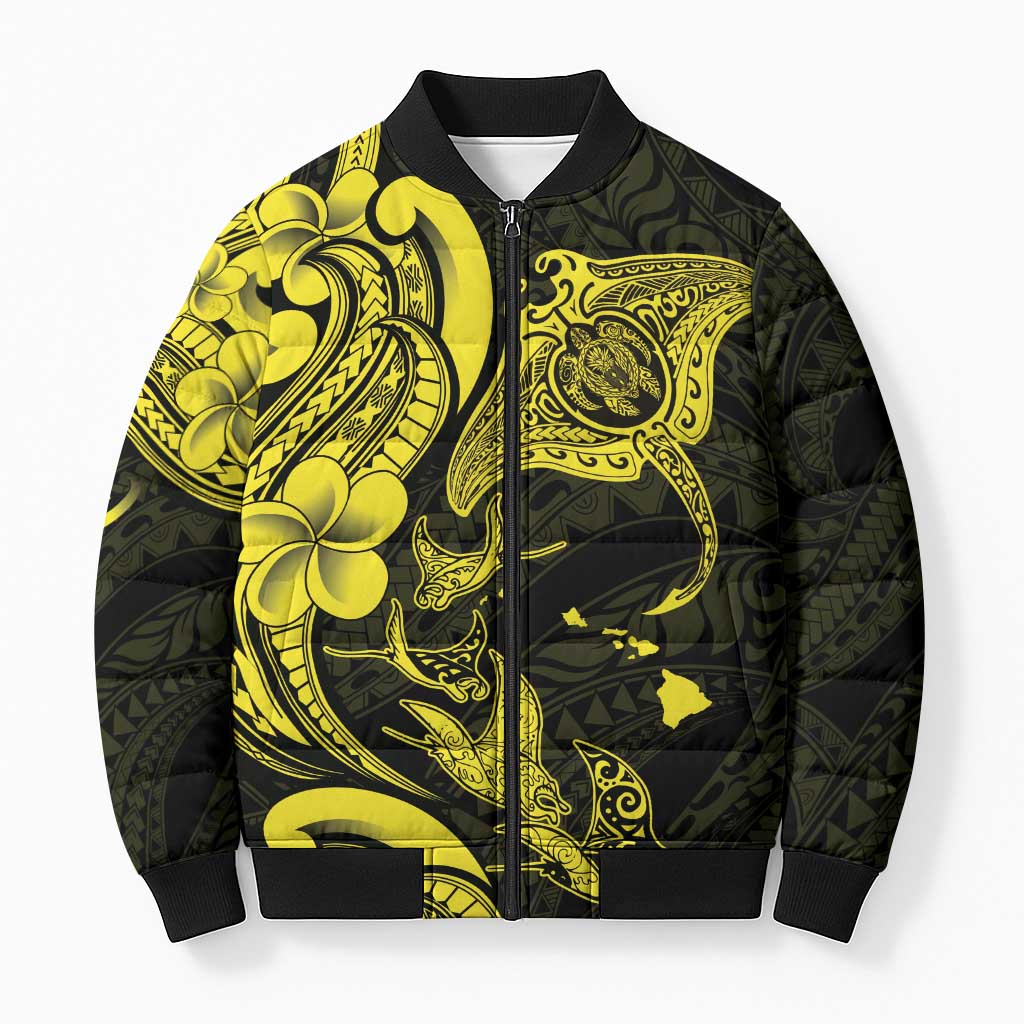 Hawaiian Manta Rays Bomber Puffer Jacket Tribal Hibiscus Polynesian Tattoos Yellow Color LT03 Unisex Yellow - Polynesian Pride