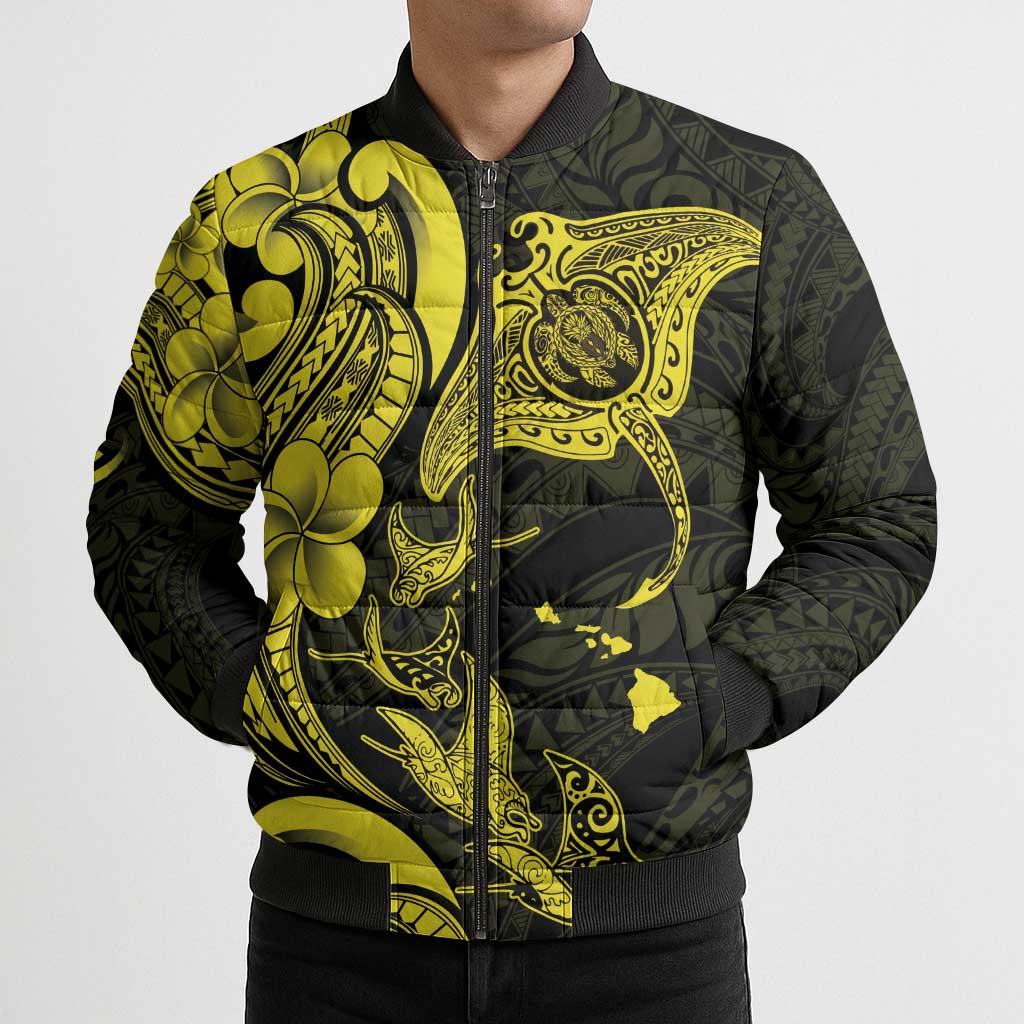 Hawaiian Manta Rays Bomber Puffer Jacket Tribal Hibiscus Polynesian Tattoos Yellow Color - Polynesian Pride