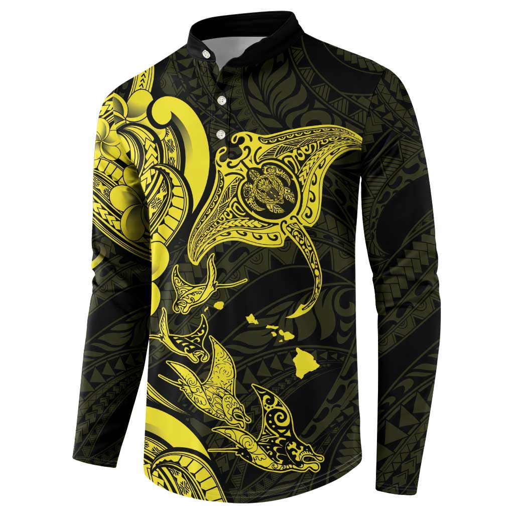 Hawaiian Manta Rays Button Sweatshirt Tribal Hibiscus Polynesian Tattoos Yellow Color - Polynesian Pride