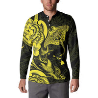 Hawaiian Manta Rays Button Sweatshirt Tribal Hibiscus Polynesian Tattoos Yellow Color - Polynesian Pride