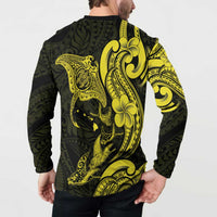 Hawaiian Manta Rays Button Sweatshirt Tribal Hibiscus Polynesian Tattoos Yellow Color - Polynesian Pride