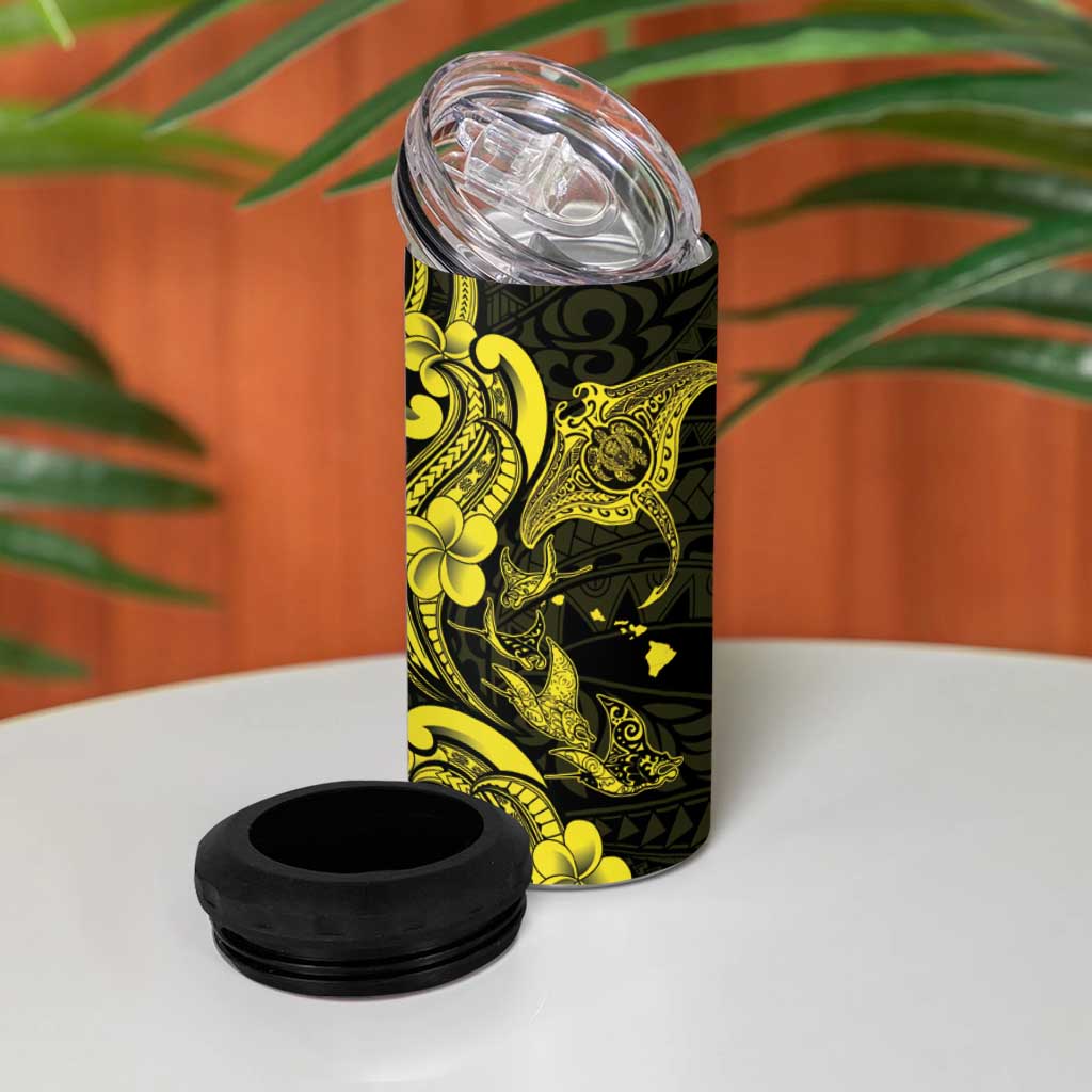 Hawaiian Manta Rays 4 in 1 Can Cooler Tumbler Tribal Hibiscus Polynesian Tattoos Yellow Color - Polynesian Pride