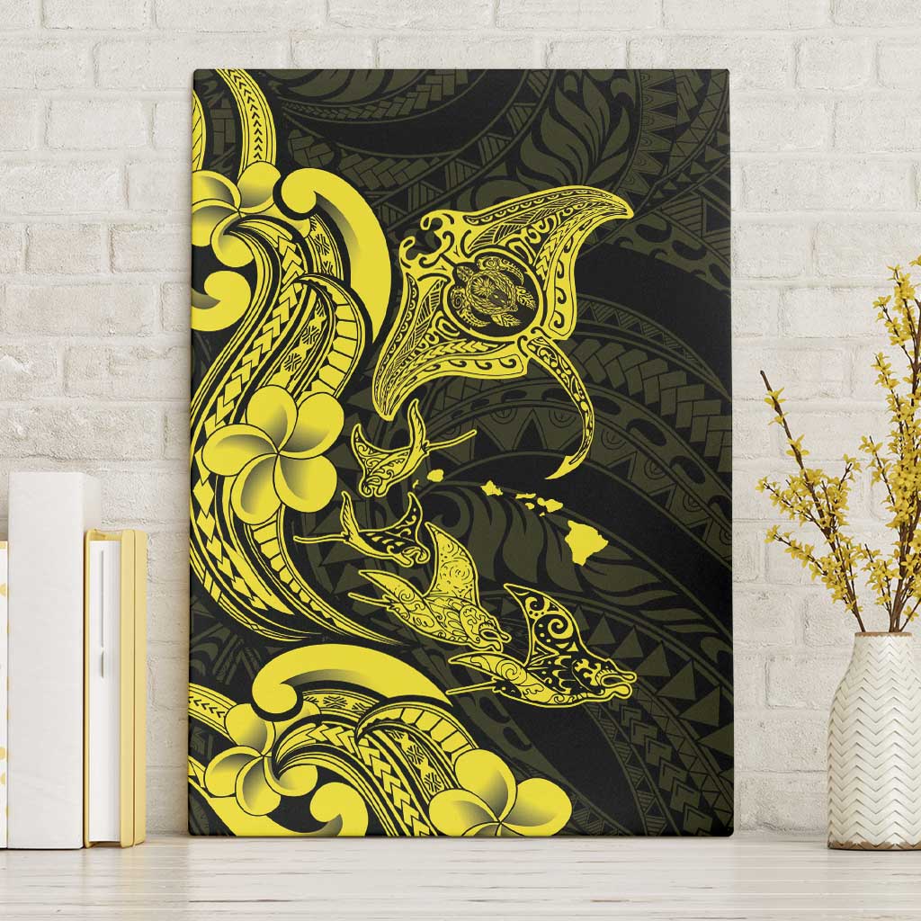 Hawaiian Manta Rays Canvas Wall Art Tribal Hibiscus Polynesian Tattoos Yellow Color - Polynesian Pride
