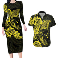 Hawaiian Manta Rays Couples Matching Long Sleeve Bodycon Dress and Hawaiian Shirt Tribal Hibiscus Polynesian Tattoos Yellow Color - Polynesian Pride