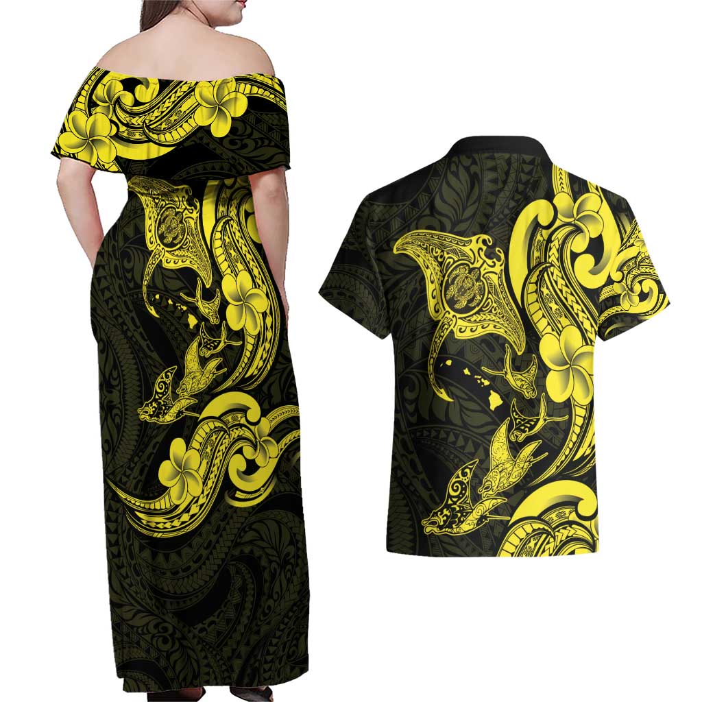 Hawaiian Manta Rays Couples Matching Off Shoulder Maxi Dress and Hawaiian Shirt Tribal Hibiscus Polynesian Tattoos Yellow Color - Polynesian Pride