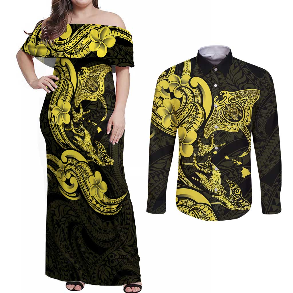 Hawaiian Manta Rays Couples Matching Off Shoulder Maxi Dress and Long Sleeve Button Shirt Tribal Hibiscus Polynesian Tattoos Yellow Color - Polynesian Pride