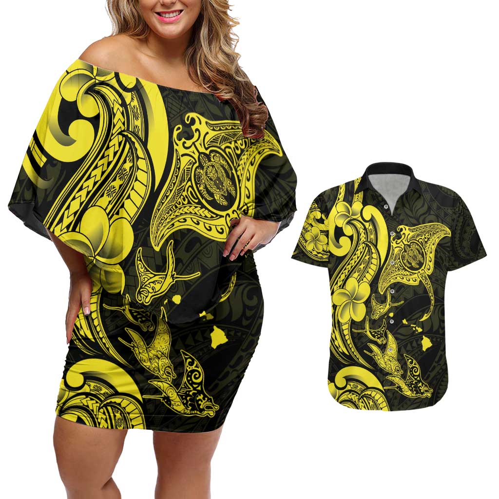 Hawaiian Manta Rays Couples Matching Off Shoulder Short Dress and Hawaiian Shirt Tribal Hibiscus Polynesian Tattoos Yellow Color - Polynesian Pride