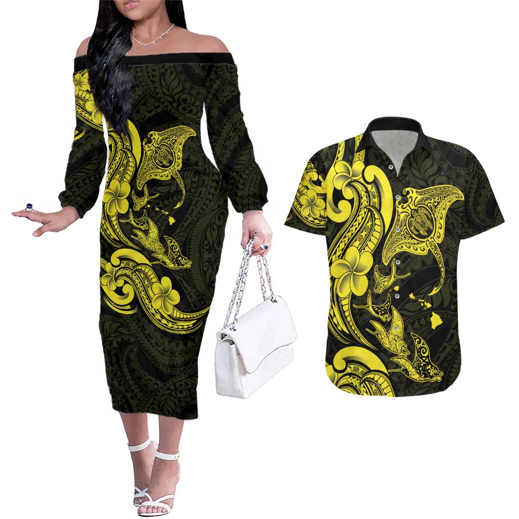Hawaiian Manta Rays Couples Matching Off The Shoulder Long Sleeve Dress and Hawaiian Shirt Tribal Hibiscus Polynesian Tattoos Yellow Color - Polynesian Pride