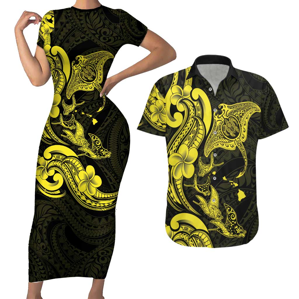 Hawaiian Manta Rays Couples Matching Short Sleeve Bodycon Dress and Hawaiian Shirt Tribal Hibiscus Polynesian Tattoos Yellow Color - Polynesian Pride
