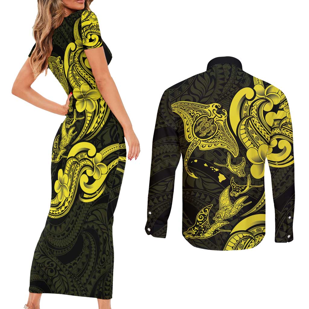 Hawaiian Manta Rays Couples Matching Short Sleeve Bodycon Dress and Long Sleeve Button Shirt Tribal Hibiscus Polynesian Tattoos Yellow Color - Polynesian Pride