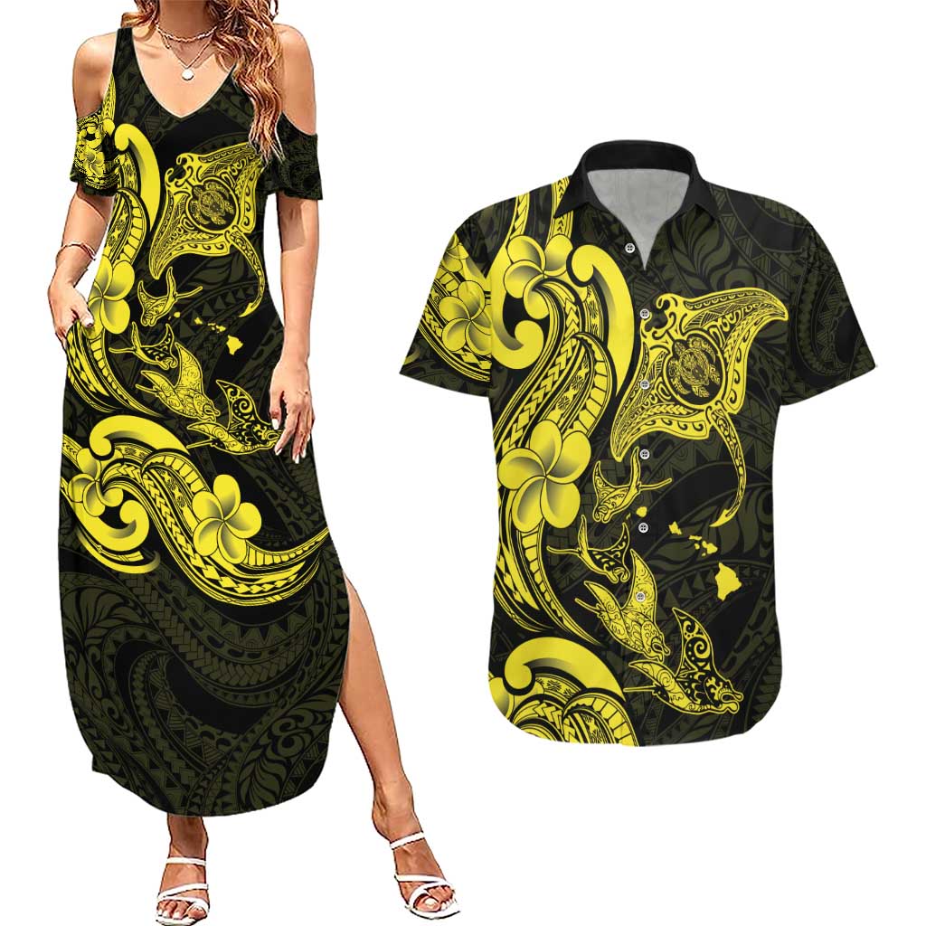 Hawaiian Manta Rays Couples Matching Summer Maxi Dress and Hawaiian Shirt Tribal Hibiscus Polynesian Tattoos Yellow Color - Polynesian Pride