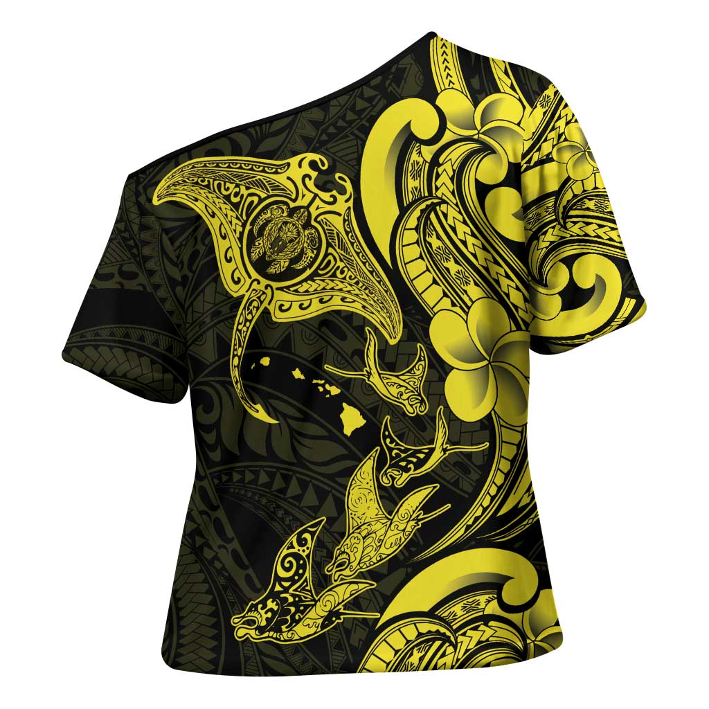 Hawaiian Manta Rays Cross Shoulder Shirt Tribal Hibiscus Polynesian Tattoos Yellow Color - Polynesian Pride