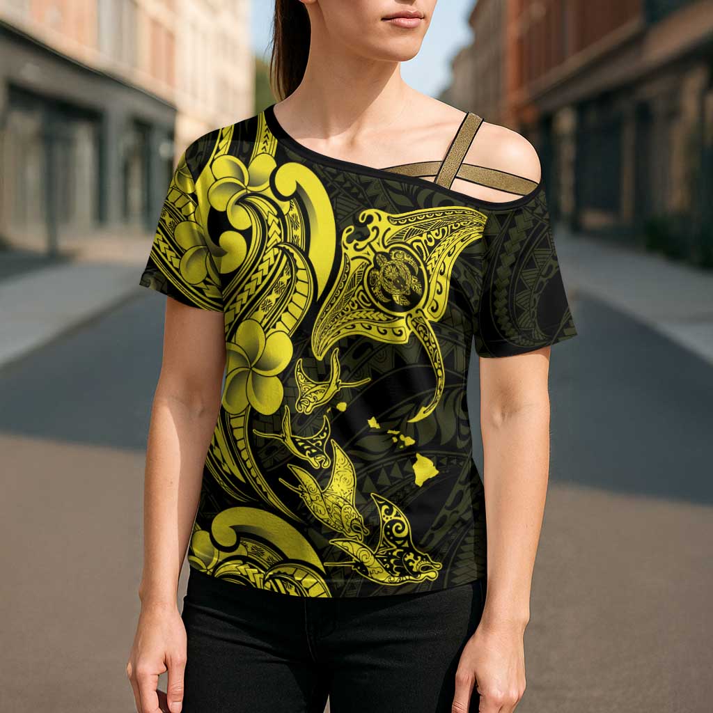 Hawaiian Manta Rays Cross Shoulder Shirt Tribal Hibiscus Polynesian Tattoos Yellow Color - Polynesian Pride