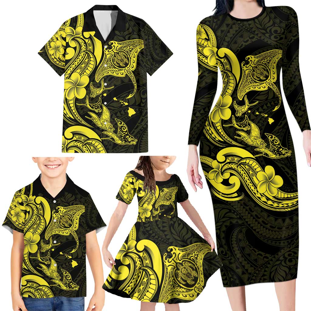 Hawaiian Manta Rays Family Matching Long Sleeve Bodycon Dress and Hawaiian Shirt Tribal Hibiscus Polynesian Tattoos Yellow Color - Polynesian Pride