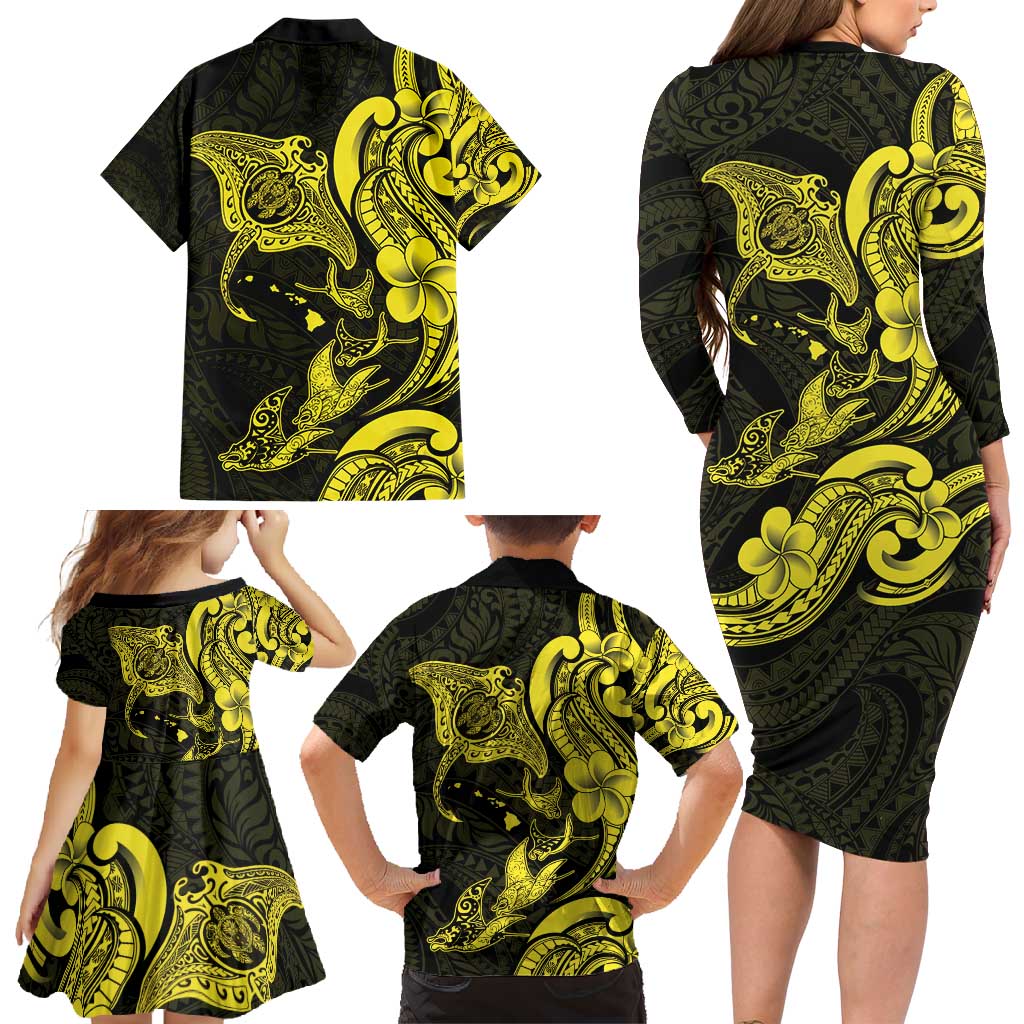 Hawaiian Manta Rays Family Matching Long Sleeve Bodycon Dress and Hawaiian Shirt Tribal Hibiscus Polynesian Tattoos Yellow Color - Polynesian Pride