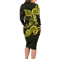 Hawaiian Manta Rays Family Matching Long Sleeve Bodycon Dress and Hawaiian Shirt Tribal Hibiscus Polynesian Tattoos Yellow Color - Polynesian Pride
