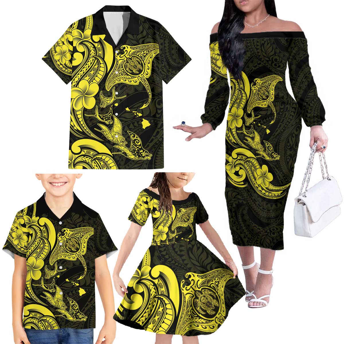 Hawaiian Manta Rays Family Matching Off The Shoulder Long Sleeve Dress and Hawaiian Shirt Tribal Hibiscus Polynesian Tattoos Yellow Color - Polynesian Pride
