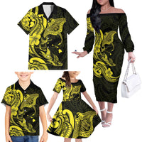 Hawaiian Manta Rays Family Matching Off The Shoulder Long Sleeve Dress and Hawaiian Shirt Tribal Hibiscus Polynesian Tattoos Yellow Color - Polynesian Pride