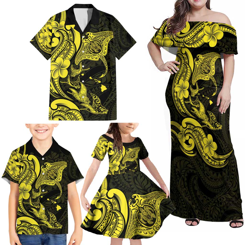 Hawaiian Manta Rays Family Matching Off Shoulder Maxi Dress and Hawaiian Shirt Tribal Hibiscus Polynesian Tattoos Yellow Color - Polynesian Pride