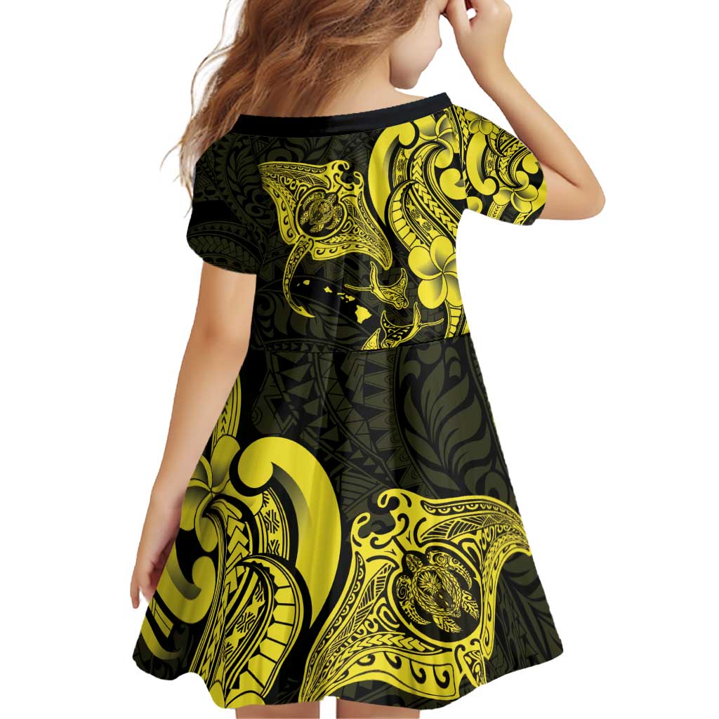 Hawaiian Manta Rays Family Matching Off Shoulder Short Dress and Hawaiian Shirt Tribal Hibiscus Polynesian Tattoos Yellow Color - Polynesian Pride