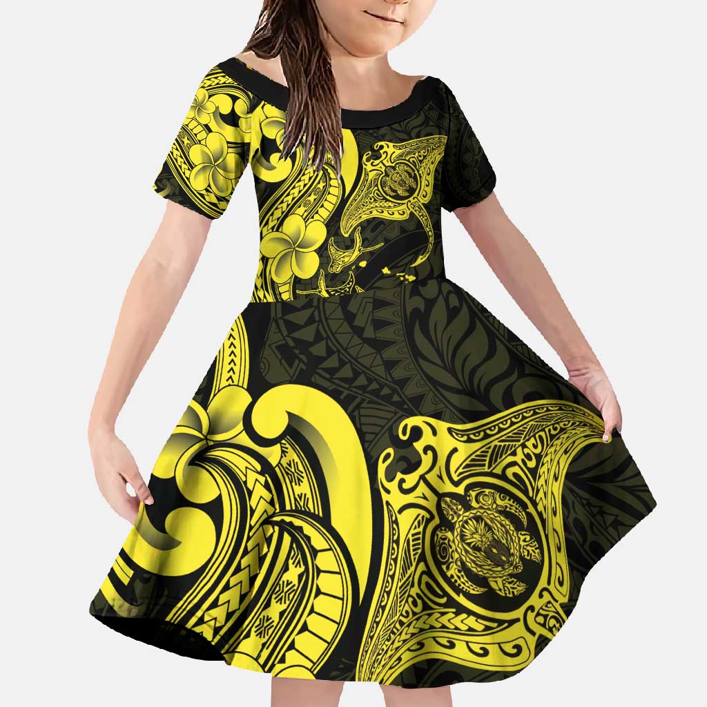 Hawaiian Manta Rays Family Matching Short Sleeve Bodycon Dress and Hawaiian Shirt Tribal Hibiscus Polynesian Tattoos Yellow Color - Polynesian Pride