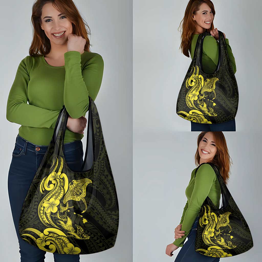 Hawaiian Manta Rays Grocery Bag Tribal Hibiscus Polynesian Tattoos Yellow Color - Polynesian Pride