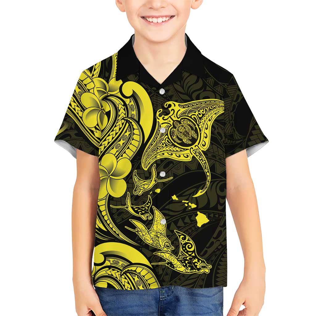 Hawaiian Manta Rays Kid Hawaiian Shirt Tribal Hibiscus Polynesian Tattoos Yellow Color LT03 Kid Yellow - Polynesian Pride