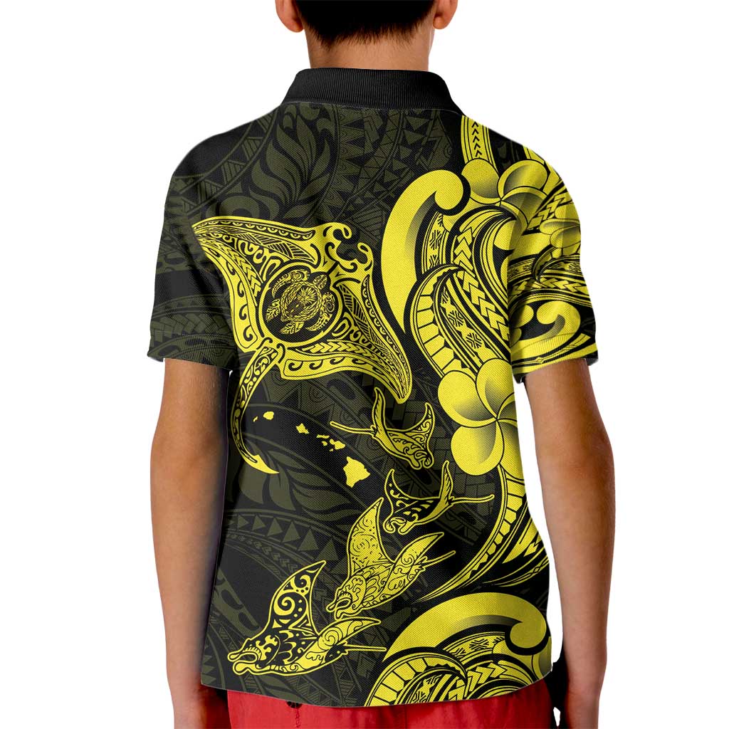 Hawaiian Manta Rays Kid Polo Shirt Tribal Hibiscus Polynesian Tattoos Yellow Color - Polynesian Pride
