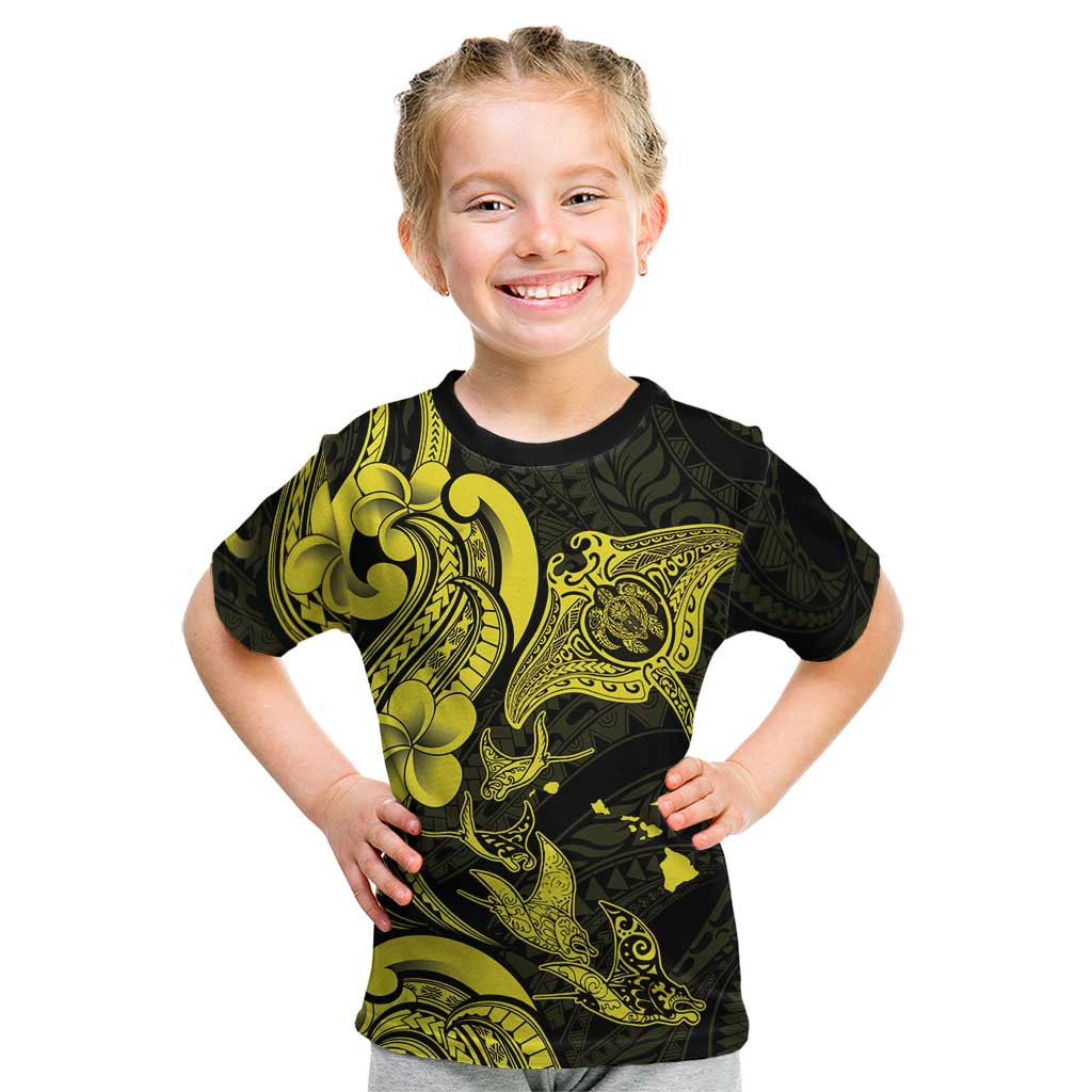 Hawaiian Manta Rays Kid T Shirt Tribal Hibiscus Polynesian Tattoos Yellow Color LT03 Yellow - Polynesian Pride
