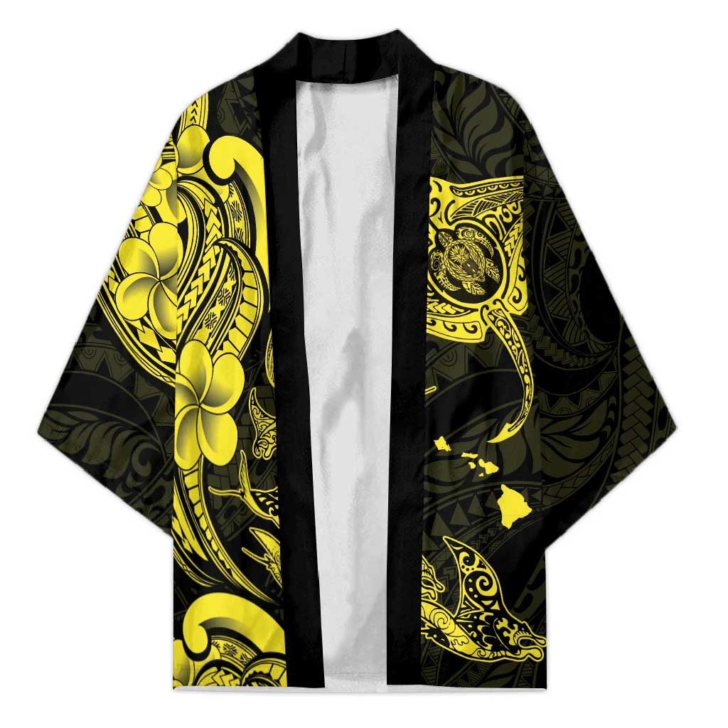 Hawaiian Manta Rays Kimono Tribal Hibiscus Polynesian Tattoos Yellow Color LT03 Unisex Yellow - Polynesian Pride