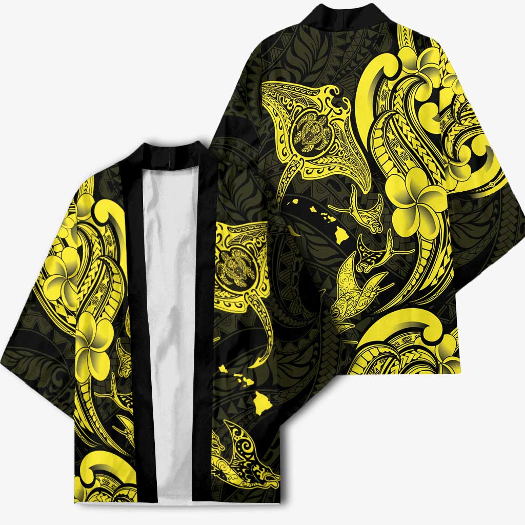 Hawaiian Manta Rays Kimono Tribal Hibiscus Polynesian Tattoos Yellow Color - Polynesian Pride