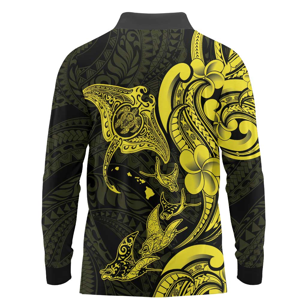 Hawaiian Manta Rays Long Sleeve Polo Shirt Tribal Hibiscus Polynesian Tattoos Yellow Color - Polynesian Pride