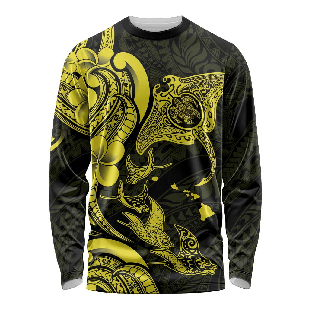 Hawaiian Manta Rays Long Sleeve Shirt Tribal Hibiscus Polynesian Tattoos Yellow Color LT03 Unisex Yellow - Polynesian Pride