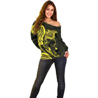 Hawaiian Manta Rays Off Shoulder Sweater Tribal Hibiscus Polynesian Tattoos Yellow Color - Polynesian Pride