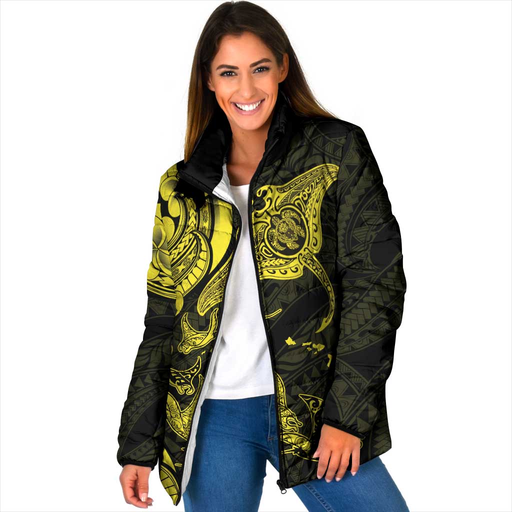Hawaiian Manta Rays Padded Jacket Tribal Hibiscus Polynesian Tattoos Yellow Color - Polynesian Pride