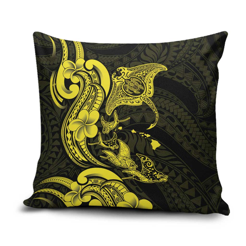 Hawaiian Manta Rays Pillow Cover Tribal Hibiscus Polynesian Tattoos Yellow Color - Polynesian Pride