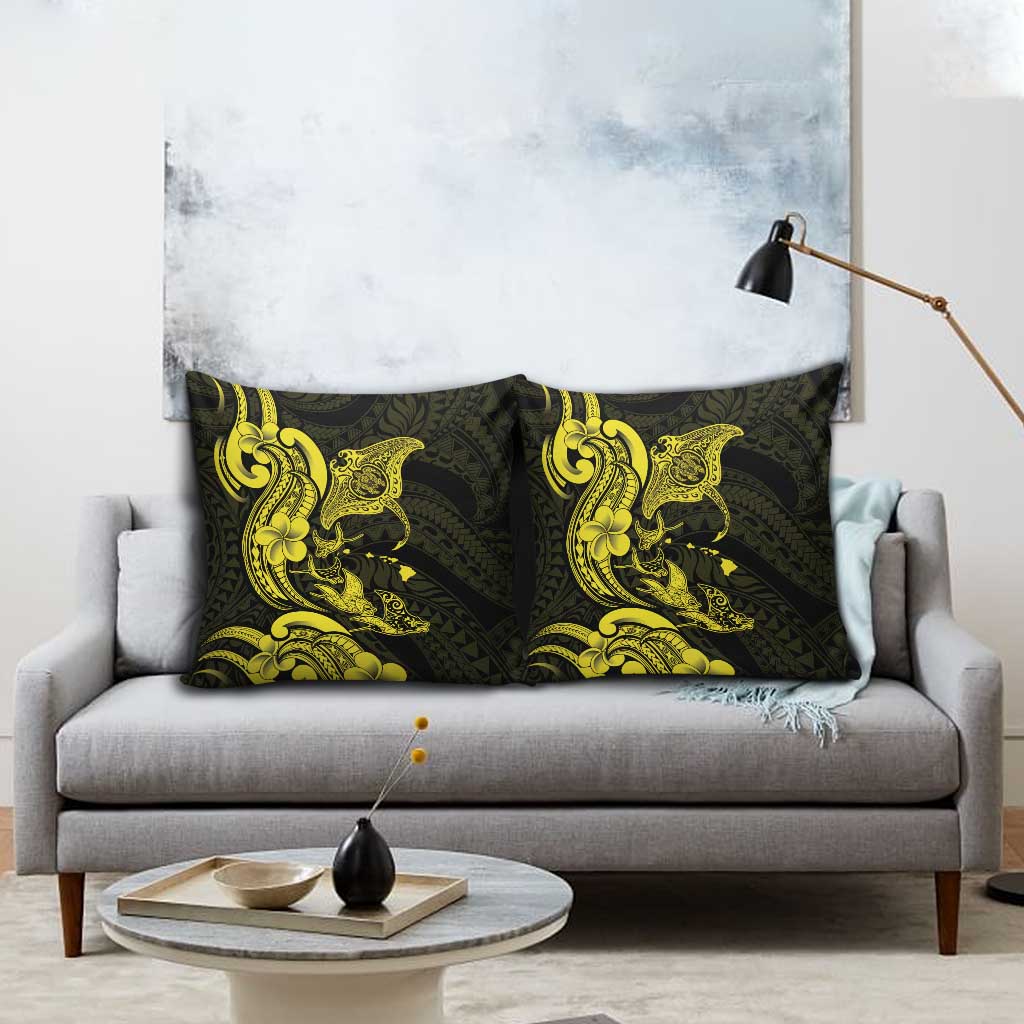 Hawaiian Manta Rays Pillow Cover Tribal Hibiscus Polynesian Tattoos Yellow Color - Polynesian Pride