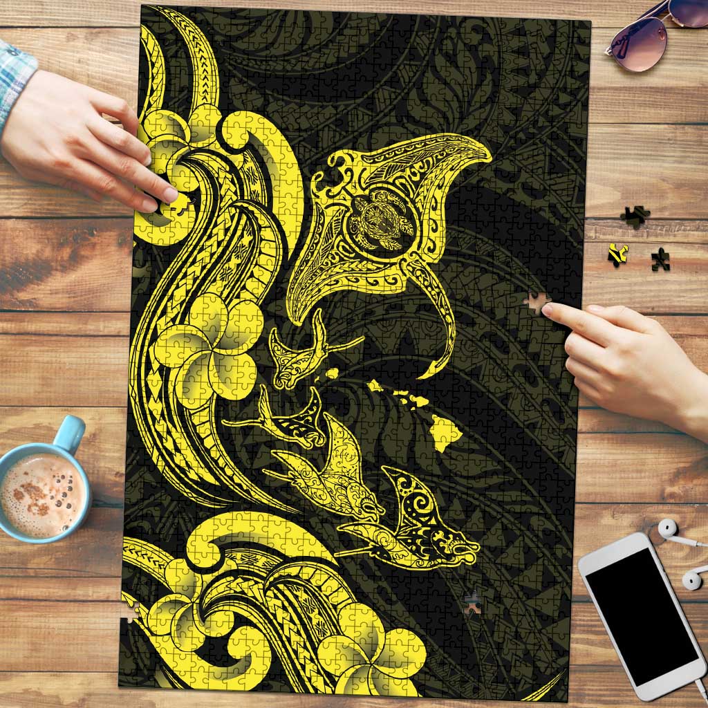 Hawaiian Manta Rays Puzzle Tribal Hibiscus Polynesian Tattoos Yellow Color - Polynesian Pride