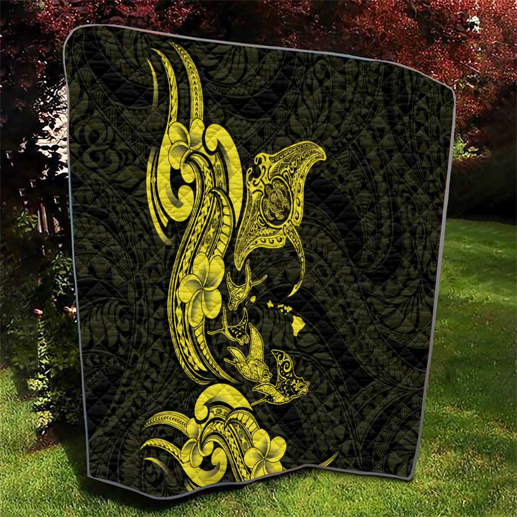 Hawaiian Manta Rays Quilt Tribal Hibiscus Polynesian Tattoos Yellow Color - Polynesian Pride