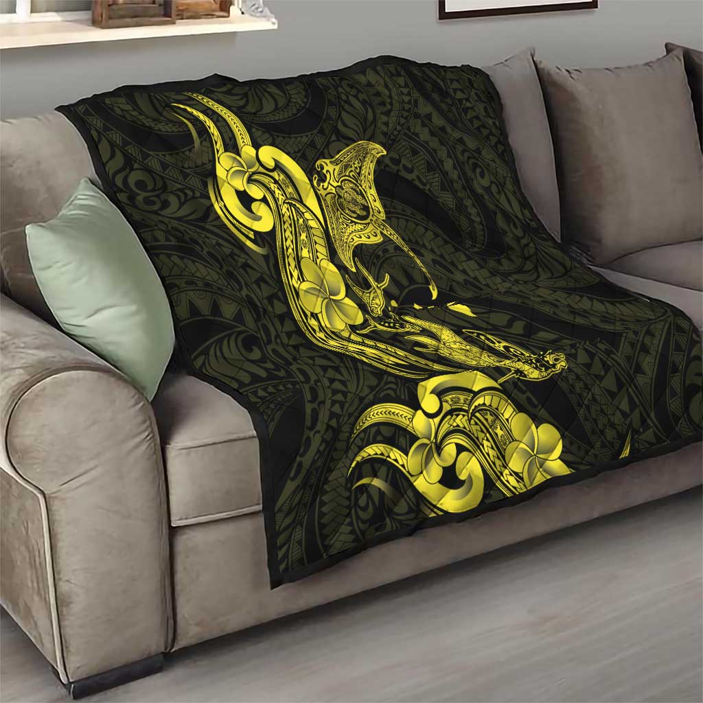 Hawaiian Manta Rays Quilt Tribal Hibiscus Polynesian Tattoos Yellow Color - Polynesian Pride