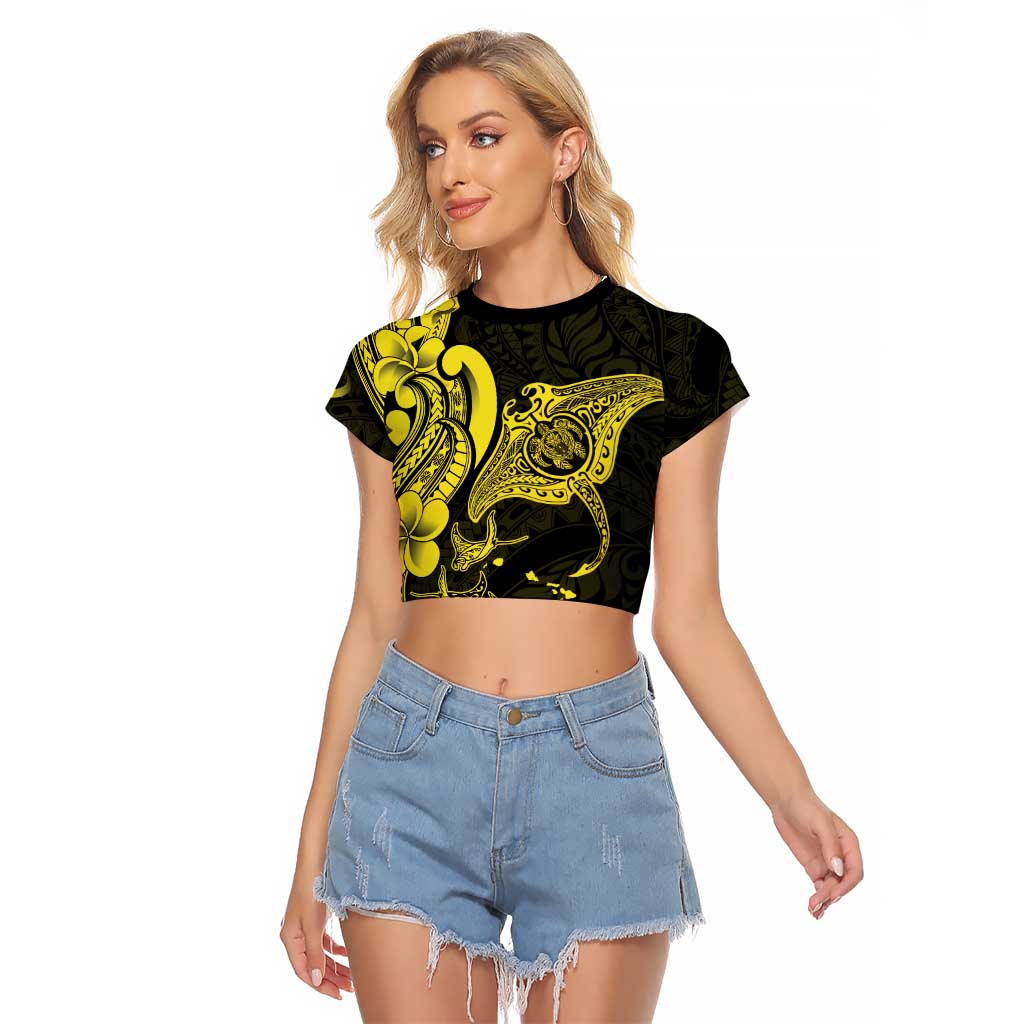 Hawaiian Manta Rays Raglan Cropped T Shirt Tribal Hibiscus Polynesian Tattoos Yellow Color LT03 Female Yellow - Polynesian Pride