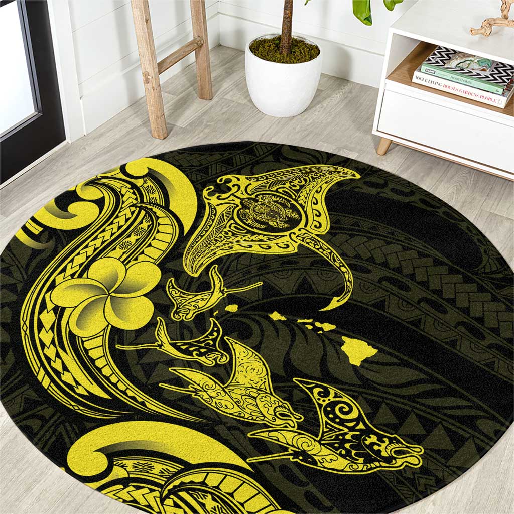 Hawaiian Manta Rays Round Carpet Tribal Hibiscus Polynesian Tattoos Yellow Color - Polynesian Pride