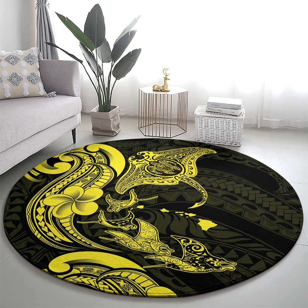 Hawaiian Manta Rays Round Carpet Tribal Hibiscus Polynesian Tattoos Yellow Color - Polynesian Pride