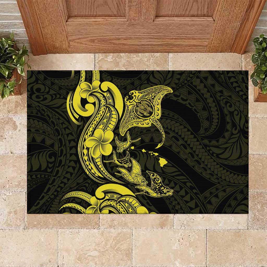 Hawaiian Manta Rays Rubber Doormat Tribal Hibiscus Polynesian Tattoos Yellow Color LT03 Yellow - Polynesian Pride