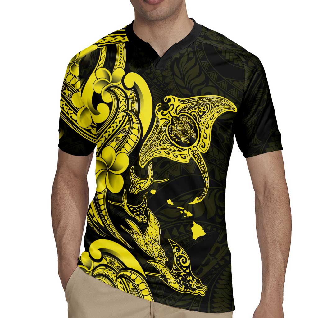Hawaiian Manta Rays Rugby Jersey Tribal Hibiscus Polynesian Tattoos Yellow Color - Polynesian Pride