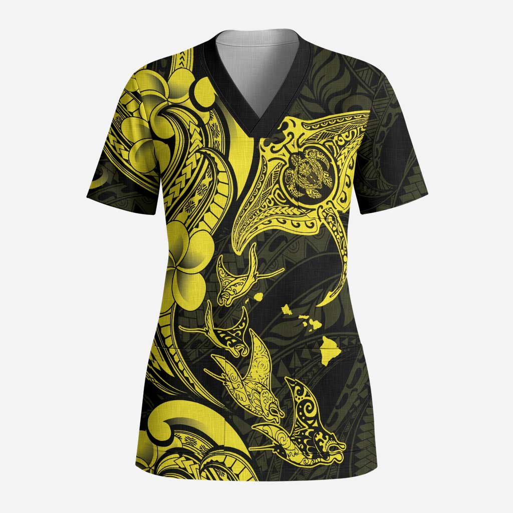 Hawaiian Manta Rays Scrub Top Tribal Hibiscus Polynesian Tattoos Yellow Color LT03 Adult Yellow - Polynesian Pride