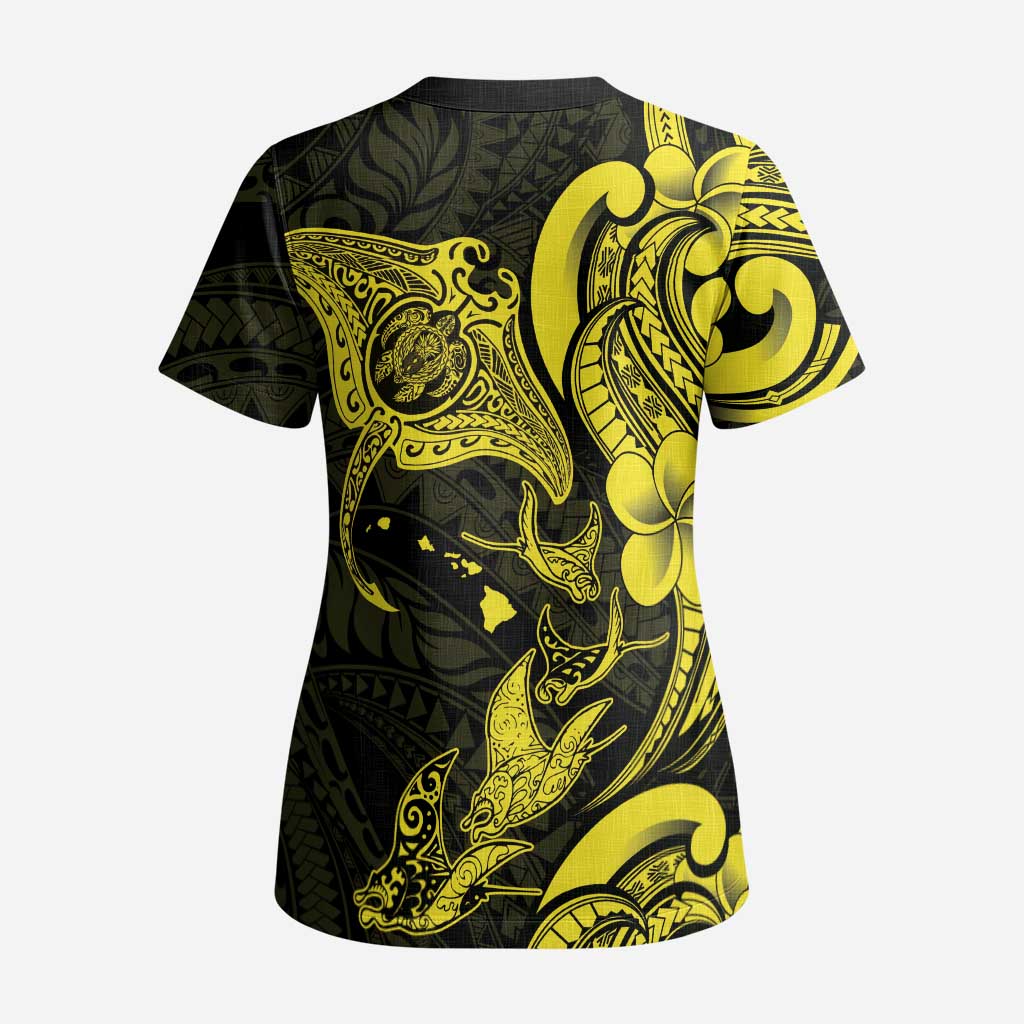 Hawaiian Manta Rays Scrub Top Tribal Hibiscus Polynesian Tattoos Yellow Color - Polynesian Pride