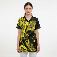 Hawaiian Manta Rays Scrub Top Tribal Hibiscus Polynesian Tattoos Yellow Color - Polynesian Pride