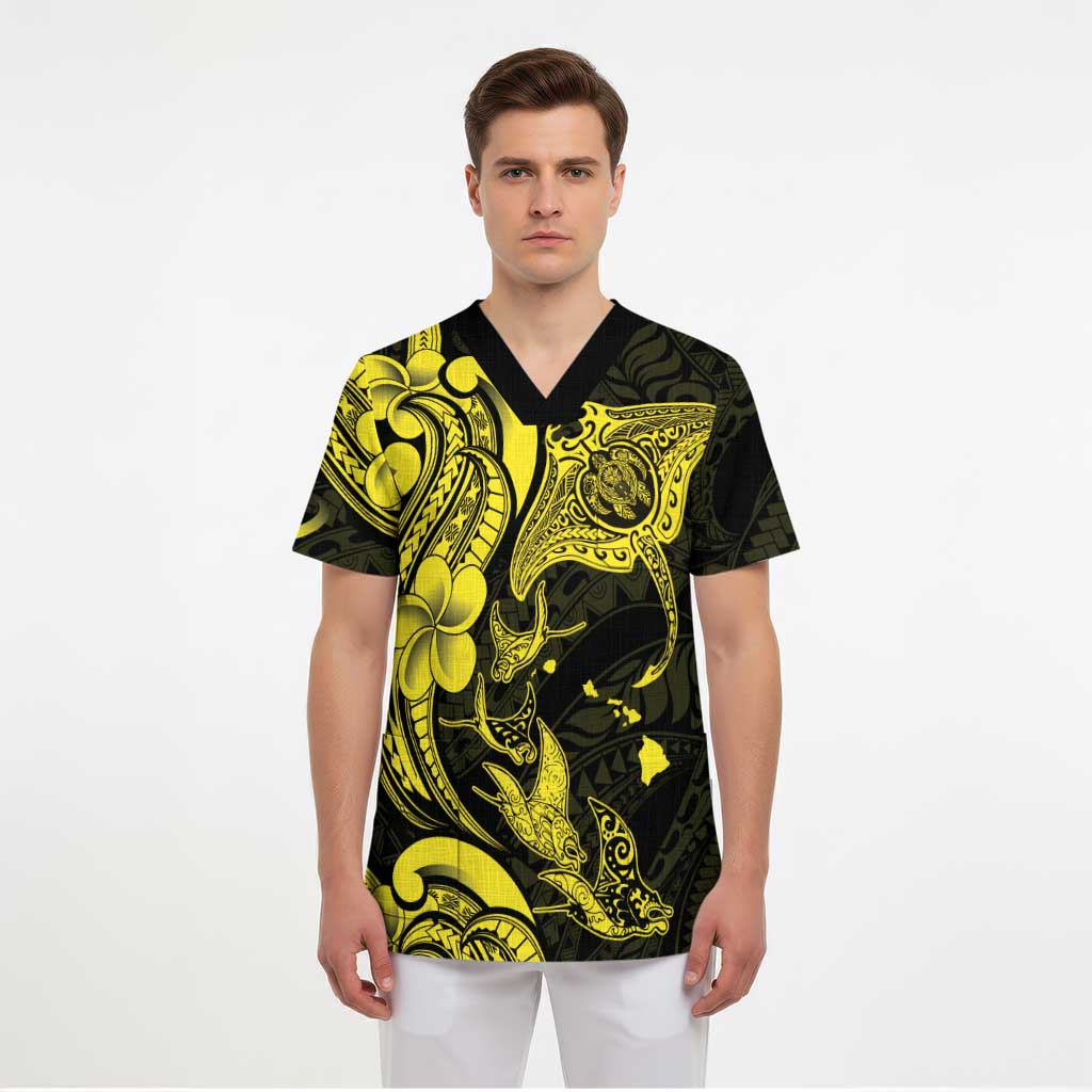 Hawaiian Manta Rays Scrub Top Tribal Hibiscus Polynesian Tattoos Yellow Color - Polynesian Pride